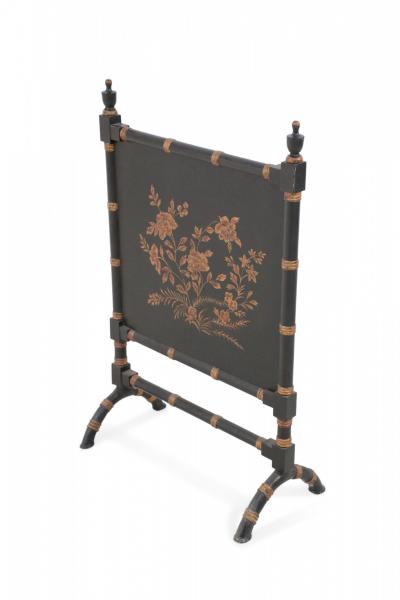 Chinese Black Painted Faux Bamboo and Gold Florals Fireplace Screen