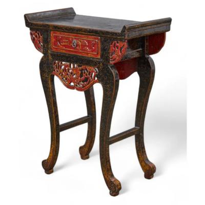 Chinese Black Red Lacquered Side End Nightstand Tables