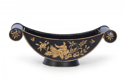Chinese Black and Gold Tole Scroll Handle Vessels