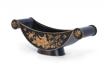 Chinese Black and Gold Tole Scroll Handle Vessels