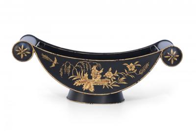 Chinese Black and Gold Tole Scroll Handle Vessels
