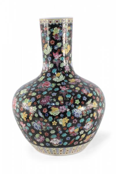 Chinese Black and Multicolor Floral Porcelain Vase