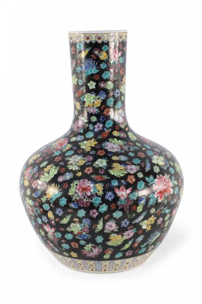 Chinese Black and Multicolor Floral Porcelain Vase