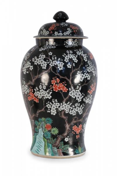 Chinese Black and White Cherry Blossom Tree Motif Porcelain Jar