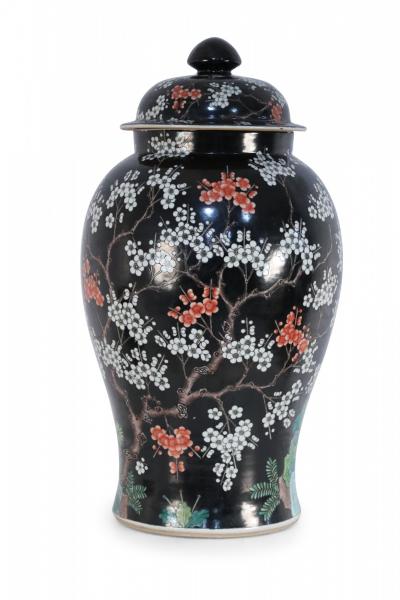Chinese Black and White Cherry Blossom Tree Motif Porcelain Jar