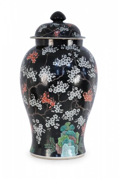 Chinese Black and White Cherry Blossom Tree Motif Porcelain Jar