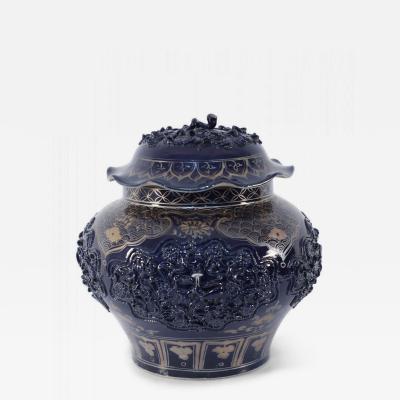 Chinese Blue and Gold Painted Lidded Porcelain Pot