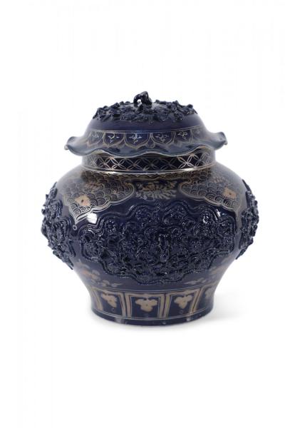 Chinese Blue and Gold Painted Lidded Porcelain Pot