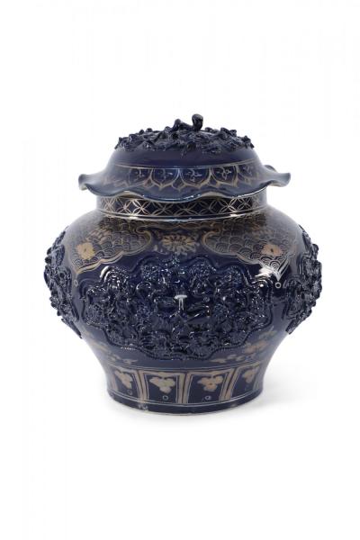 Chinese Blue and Gold Painted Lidded Porcelain Pot