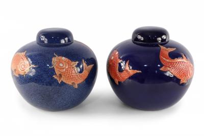 Chinese Blue and Orange Fish Design Round Lidded Porcelain Jars