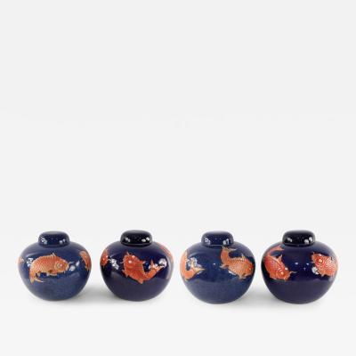 Chinese Blue and Orange Fish Design Round Lidded Porcelain Jars