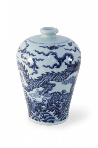 Chinese Blue and White Dragon Motif Porcelain Meiping Vase