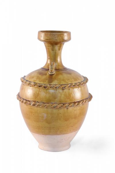 Chinese Brown and Pink Rope Design Trim Handled Vase