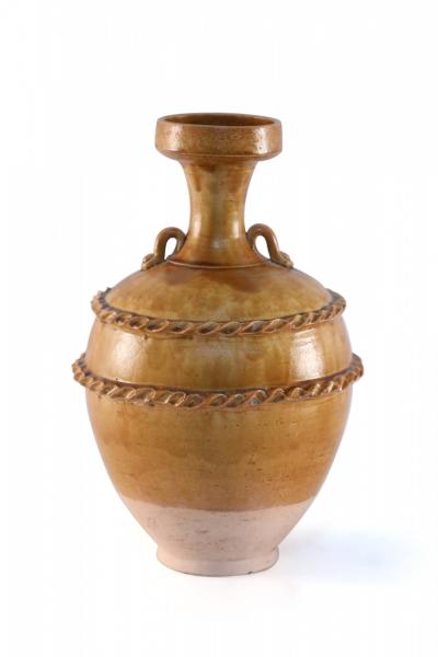 Chinese Brown and Pink Rope Design Trim Handled Vase