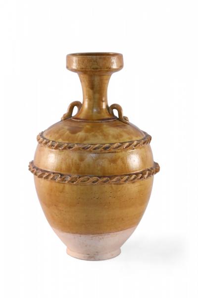 Chinese Brown and Pink Rope Design Trim Handled Vase