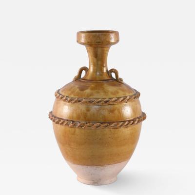 Chinese Brown and Pink Rope Design Trim Handled Vase