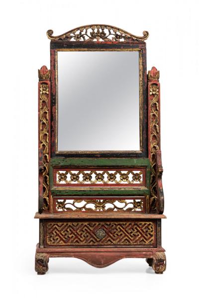 Chinese Carved Painted Wood Dressing Table Vanity Mirror with Gilt Highlights