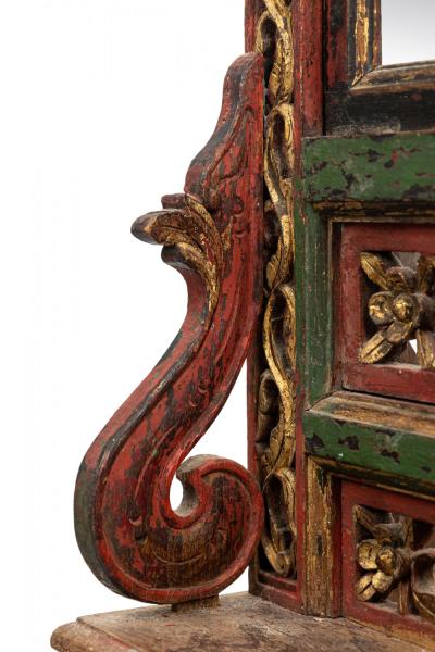 Chinese Carved Painted Wood Dressing Table Vanity Mirror with Gilt Highlights
