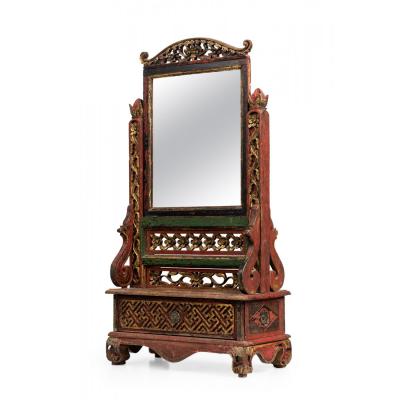 Chinese Carved Painted Wood Dressing Table Vanity Mirror with Gilt Highlights