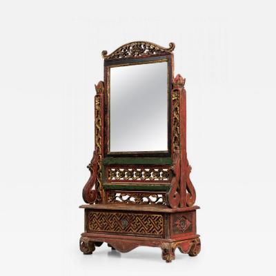 Chinese Carved Painted Wood Dressing Table Vanity Mirror with Gilt Highlights