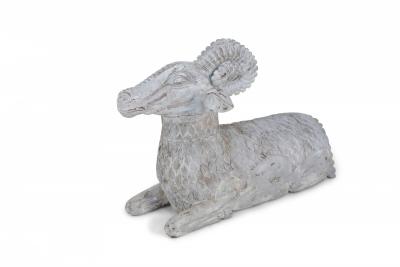 Chinese Carved Whitewashed Wooden Ram Statue