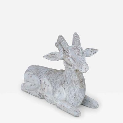 Chinese Carved Whitewashed Wooden Ram Statue