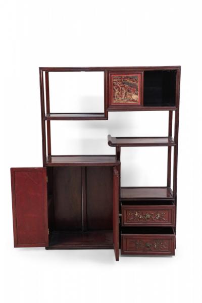 Chinese Carved Wood and Red Accented Bogu Etagere Shelf