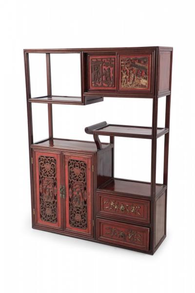 Chinese Carved Wood and Red Accented Bogu Etagere Shelf