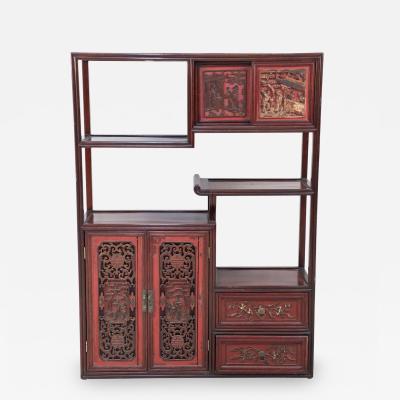 Chinese Carved Wood and Red Accented Bogu Etagere Shelf