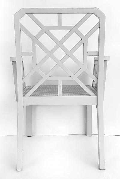 Chinese Chippendale Pagoda Lattice Back White Painted Armchair with Caned Seat