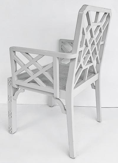 Chinese Chippendale Pagoda Lattice Back White Painted Armchair with Caned Seat
