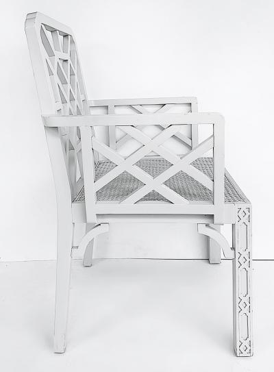 Chinese Chippendale Pagoda Lattice Back White Painted Armchair with Caned Seat
