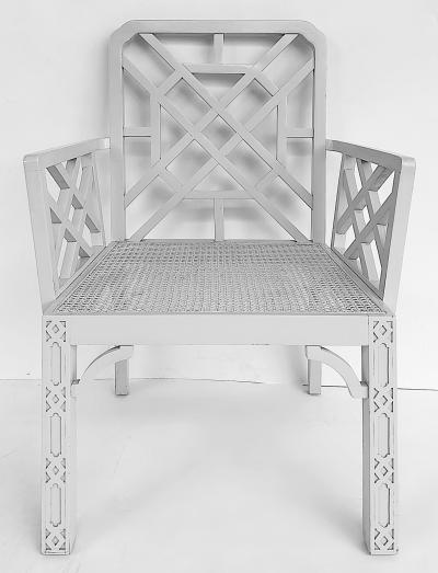 Chinese Chippendale Pagoda Lattice Back White Painted Armchair with Caned Seat