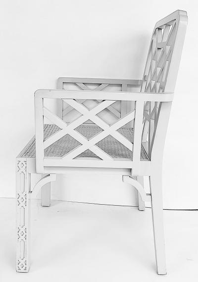 Chinese Chippendale Pagoda Lattice Back White Painted Armchair with Caned Seat