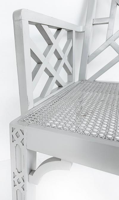 Chinese Chippendale Pagoda Lattice Back White Painted Armchair with Caned Seat