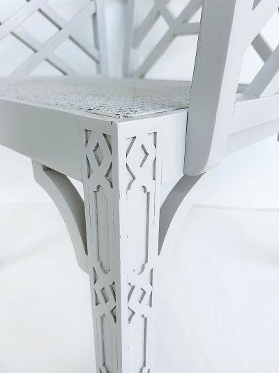 Chinese Chippendale Pagoda Lattice Back White Painted Armchair with Caned Seat