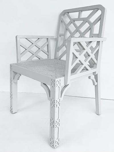 Chinese Chippendale Pagoda Lattice Back White Painted Armchair with Caned Seat