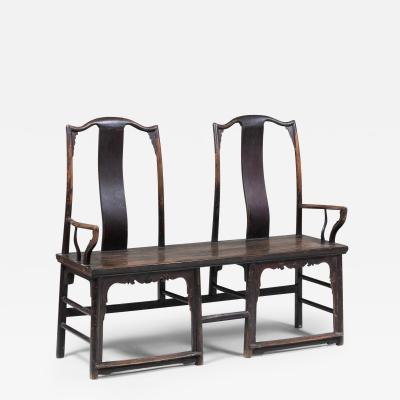 Chinese Ebonized Hardwood Double Chairback Hall Bench