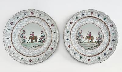 Chinese Export Anglo Indian Market Elephant Mahout Chargers Pair circa 1760