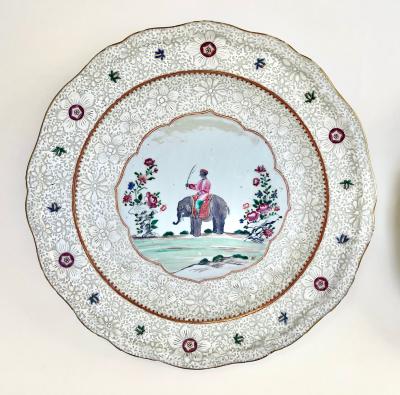 Chinese Export Anglo Indian Market Elephant Mahout Chargers Pair circa 1760