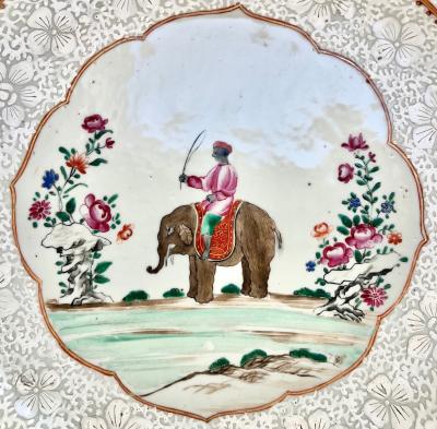 Chinese Export Anglo Indian Market Elephant Mahout Chargers Pair circa 1760