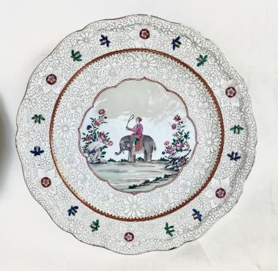 Chinese Export Anglo Indian Market Elephant Mahout Chargers Pair circa 1760
