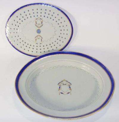 Chinese Export Chop Platter and Strainer Rare Unused Marriage Armorial