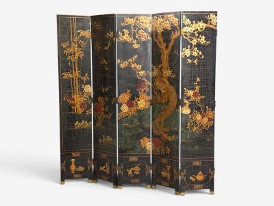 Chinese Export Jappanned Screen Crackle Lacquer Gilt Brass China 1960s