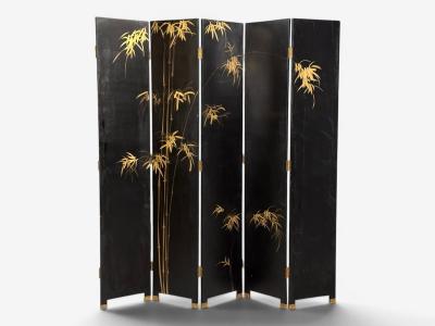 Chinese Export Jappanned Screen Crackle Lacquer Gilt Brass China 1960s