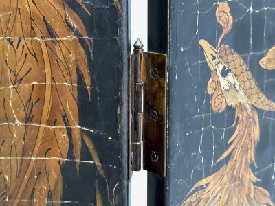 Chinese Export Jappanned Screen Crackle Lacquer Gilt Brass China 1960s