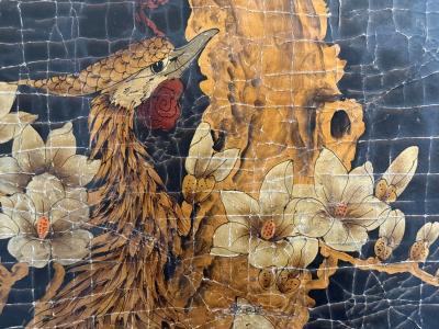 Chinese Export Jappanned Screen Crackle Lacquer Gilt Brass China 1960s