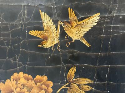 Chinese Export Jappanned Screen Crackle Lacquer Gilt Brass China 1960s