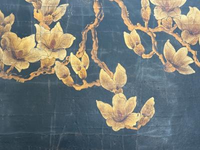 Chinese Export Jappanned Screen Crackle Lacquer Gilt Brass China 1960s
