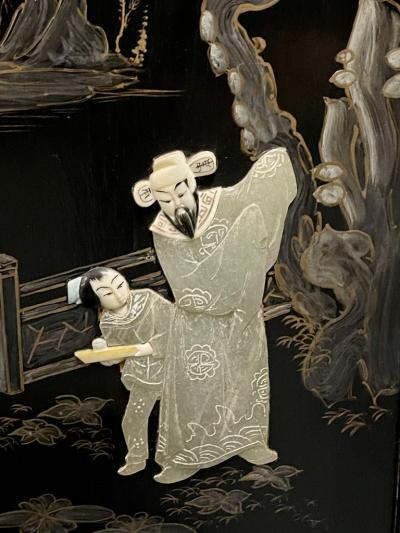 Chinese Export Lacquered Bar Ebony Raised Figure Carvings Chinoiserie